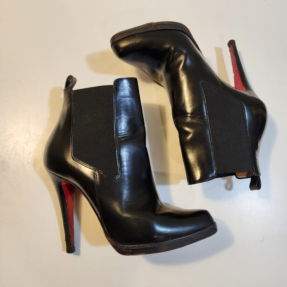 Christian Louboutin Black Leather Ankle Booties with Signature Red Soles - Picture 8 of 14